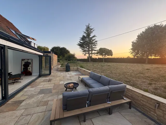Patio and garden at sunset